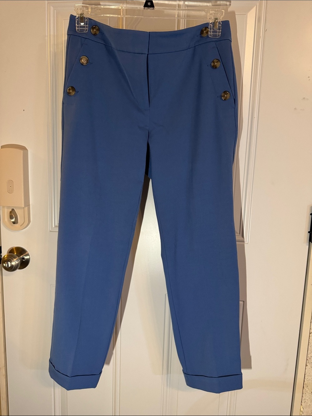 Blue womanโs Tailored Button-Accent Pants 27 inseam